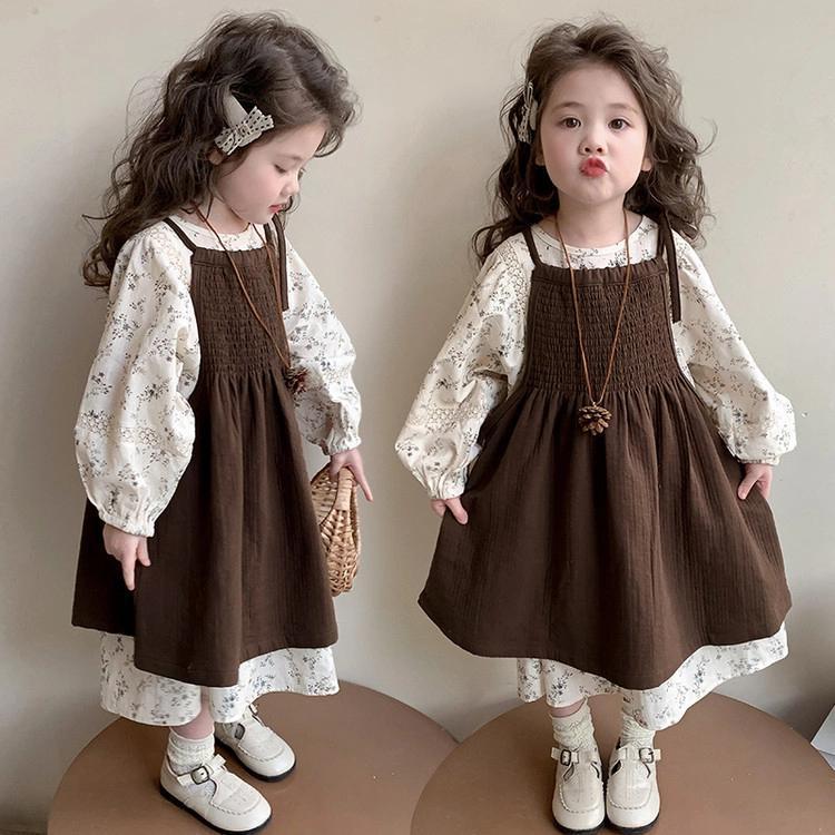 Girls Floral Suit Spring 2026 New Style Cute and Sweet Girl Long-Sleeved Spring & Fall Style Princess Dress Two-Piece Set