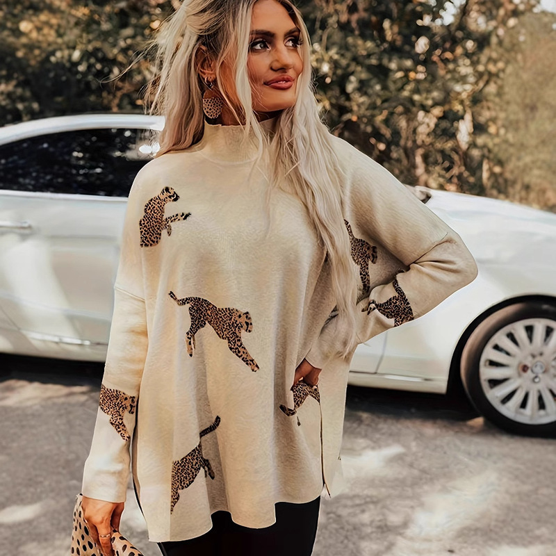 2025 winter new design sense hem slit sweater women's European and American personality leopard printed turtleneck pullover women