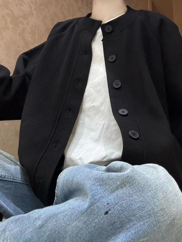 华夫格外套女黑色春秋款日系学院风穿搭宽松休闲百搭开衫夹克上衣|undefined