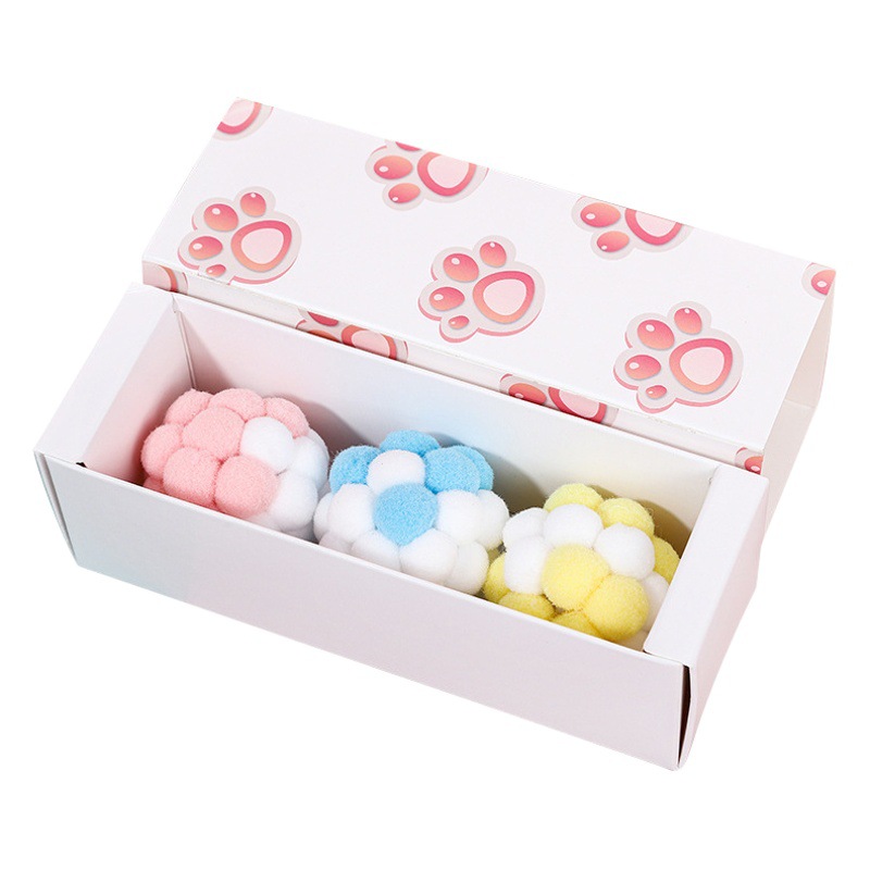 Maullido y en stock en caja gato macaron color felpa bola mordedura divertido gato juguete con campana gato peluche juguete