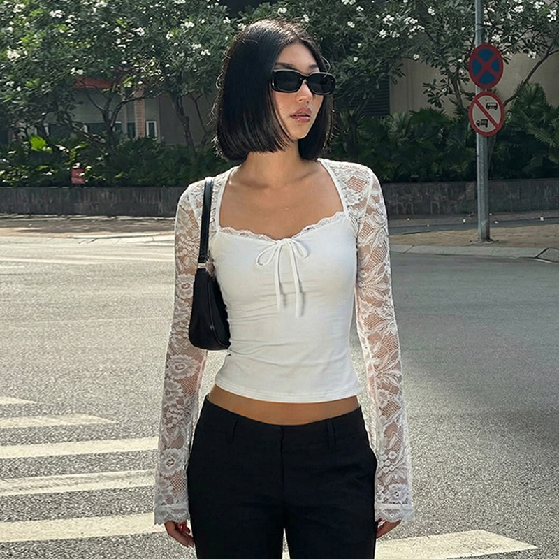 European and American Style Cross-Border New Women's Clothing, Cropped Long-Sleeve Lace See-Through Casual Comfortable Commuter Short Versatile Top for Women European and American Style Cross-Border New Women's Clothing, Cropped Long-Sleeve Lace See-Through Casual Comfortable Commuter Short Versatile Top for Women