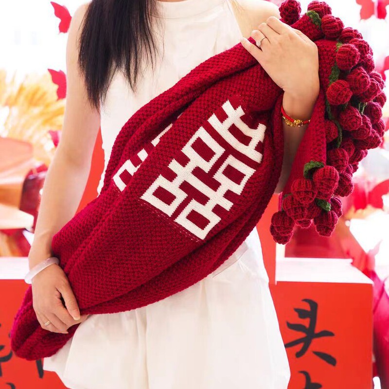 花束毯子成品双囍字玫瑰花束毯喜字毯沙发盖毯送朋友闺蜜新婚礼物|undefined