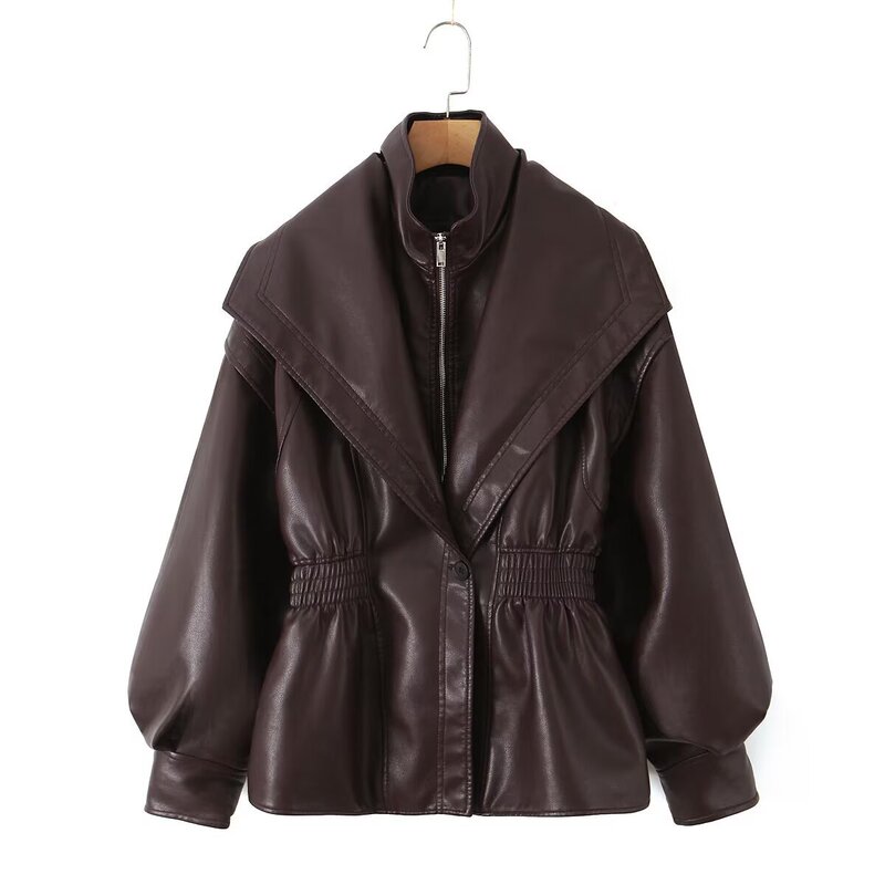 Cross-Border Supply Wholesale European and American Autumn Clothing European and American Style Washed Pu Leather Lapel Loose Large Leather Jacket Women's Top