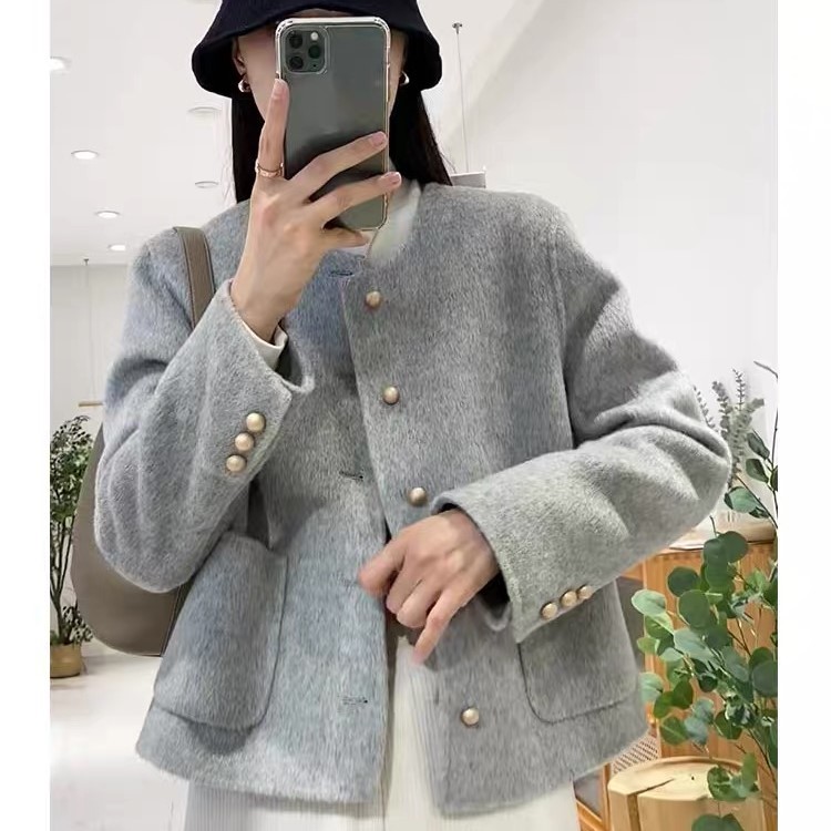 Spring Style Petite Woolen Coat, Chanel-Style Wool Coat, Solid Color Pocket Single-Breasted Short Top for Women, Carefully Selected