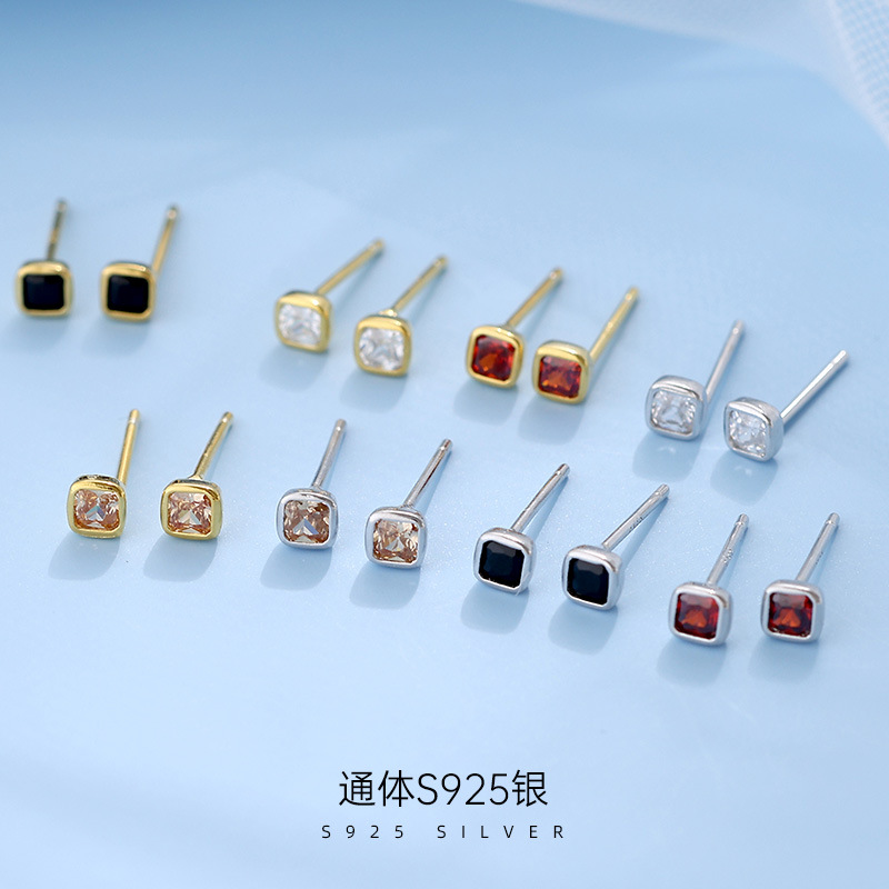 925純銀方形耳釘男女個性小巧鑲鑽方糖耳環精緻日常百搭耳飾新款