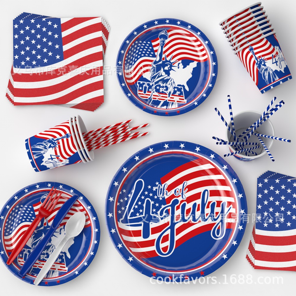 Día de la Independencia Fiesta temática de la bandera estadounidense Bandeja de papel Vaso de papel Toalla de papel Juego de vajilla Día de la Independencia Decoración de la fiesta