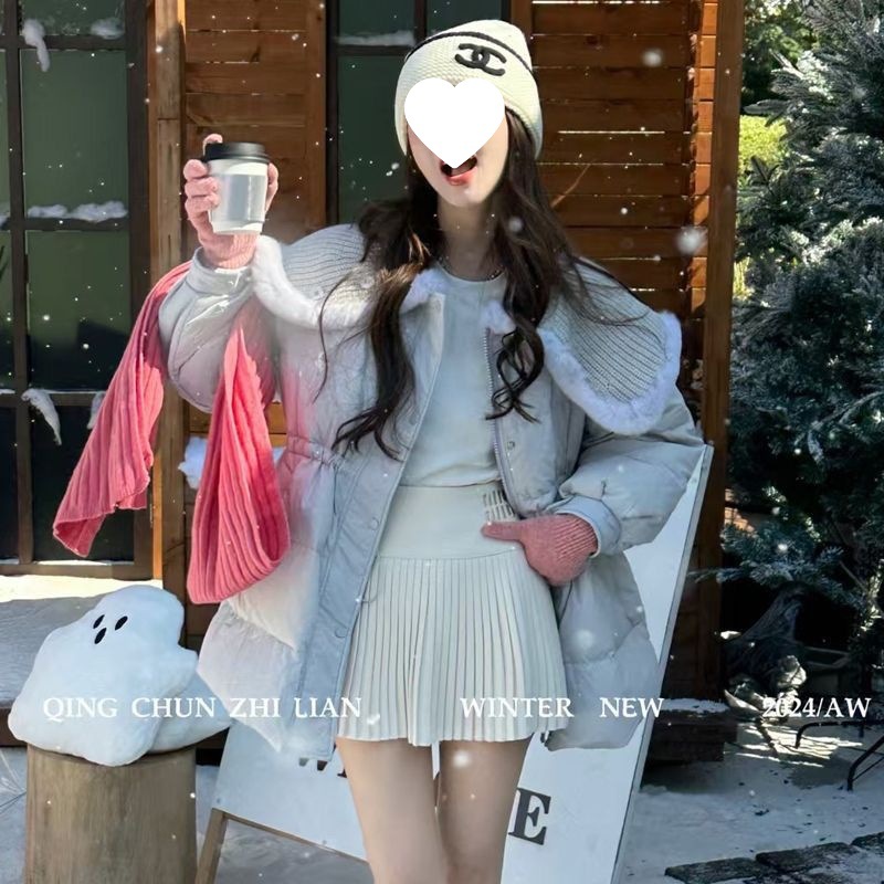 冬新款中长款收腰显瘦羽绒服女针织大翻领收腰加厚保暖外套