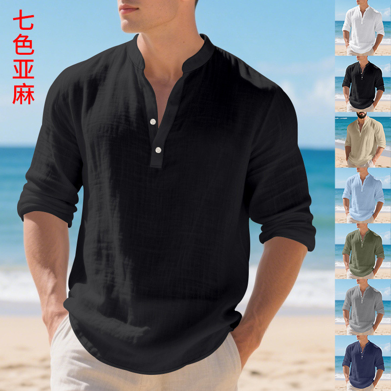 Cross-Border Independent Station American Linen Autum Hot-Selling Men's Loose Casual Breathable V Neck Henley Shirt Long-Sleeved T-Shirt for Men