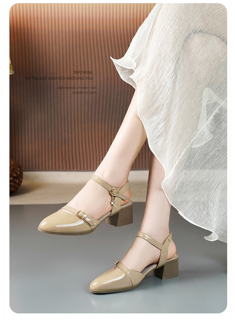 Sandal bít mũi nữ gót thô đi làm đế mềm da thật — Màu đen chi tiết 12
