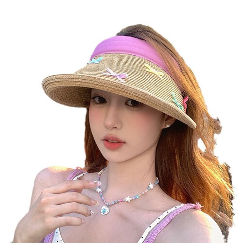 Colorful butterfly knot sun hat with large brim beach vacation sweet girl open-top hat grass-woven sun protection commuting sun hat