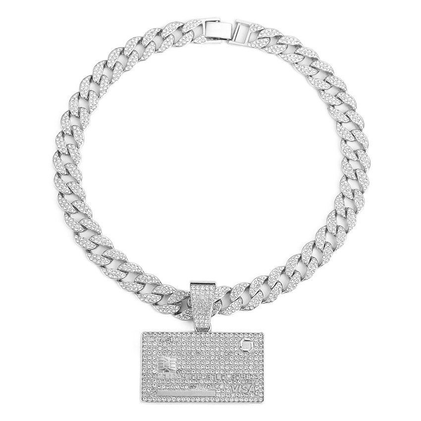 Exclusivo transfronterizo para hombres europeos y americanos hip hop completo diamante aleación cuadrado tarjeta de Banco escudo colgante cubano collar joyería de los hombres