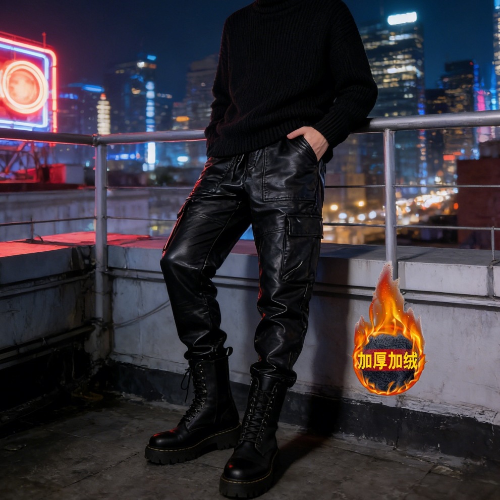New winter style fleece-lined, thickened American-style loose-fitting PU cargo pants with large pockets for men and youth, windproof harem pants for delivery.