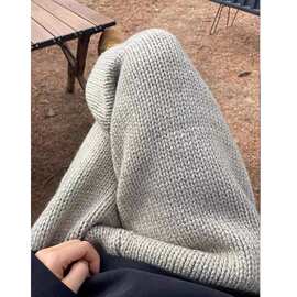 高腰浅灰色针织休闲裤女慵懒风厚实阔腿裤宽松显瘦显腿长休闲百搭