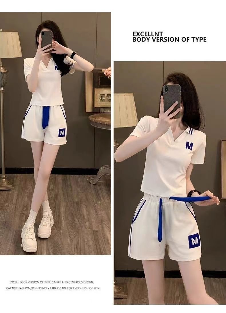 Warm Maple Casual Style Women's Sports Suit 2026 Summer New Korean Version Short Sleeve V-Neck Loose Fit_ecoleips.com