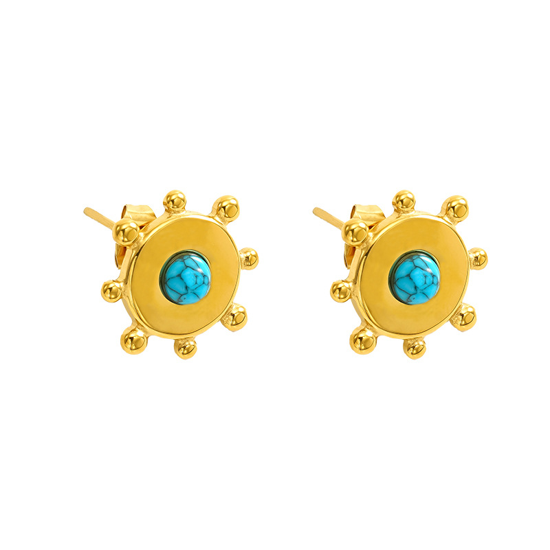 Pendientes de acero de titanio turquesa azul transfronterizo europeo y americano para mujer Pendientes de acero inoxidable chapado en oro de alta calidad retro para mujer
