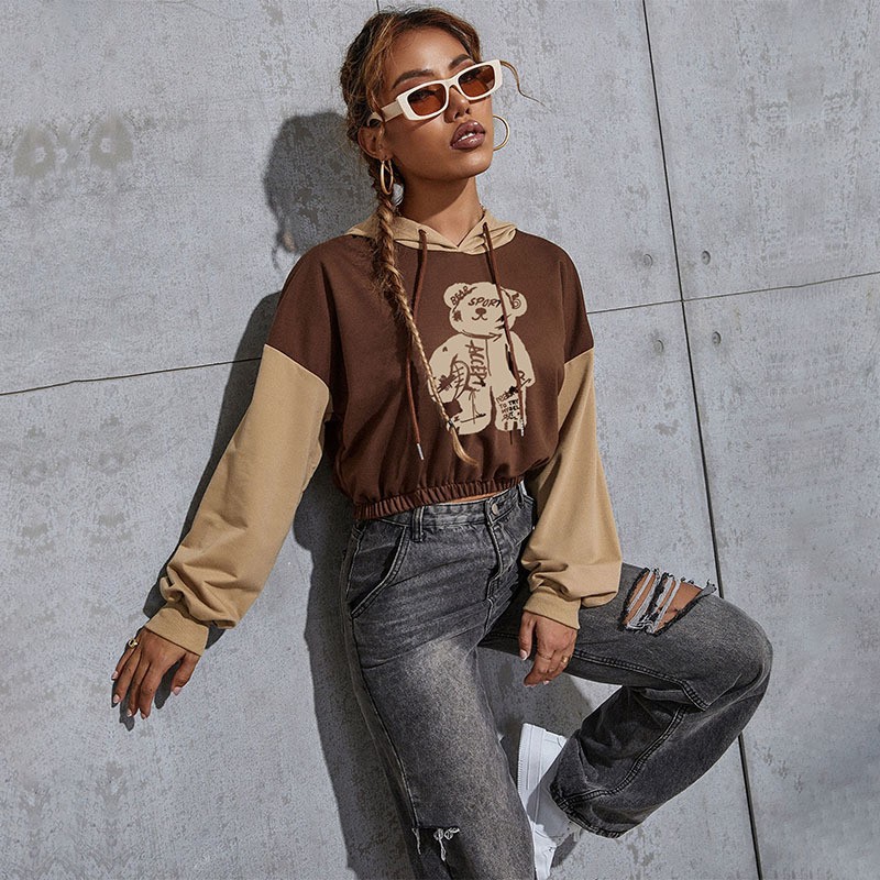 Felpa con cappuccio corta stampata autunno 2024, casual, corta, patchwork, per donna_voghion.com