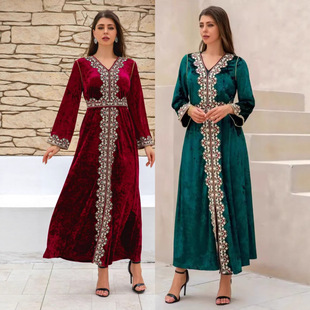 Cross-Border Middle Eastern Muslim Robe Women's Long Skirt Slim V-Neck Gold Velvet Elegant Dress
