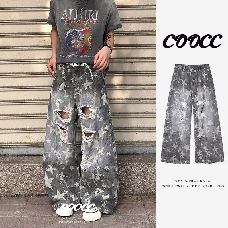 Herrenbekleidung Amerikanische Retro-Jeans im Used-Look mit Camouflage-Muster, locker geschnitten, weit geschnitten, lässige Hose im Streetstyle, geschwungene Kanten_voghion.com