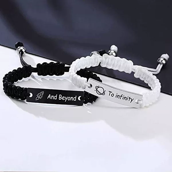 Valentine's Day Steel Plate Engraved with the Word "Always Rocket Planet Couple Hand Rope Fashion Niche Black and White Rope Braided Bracelet