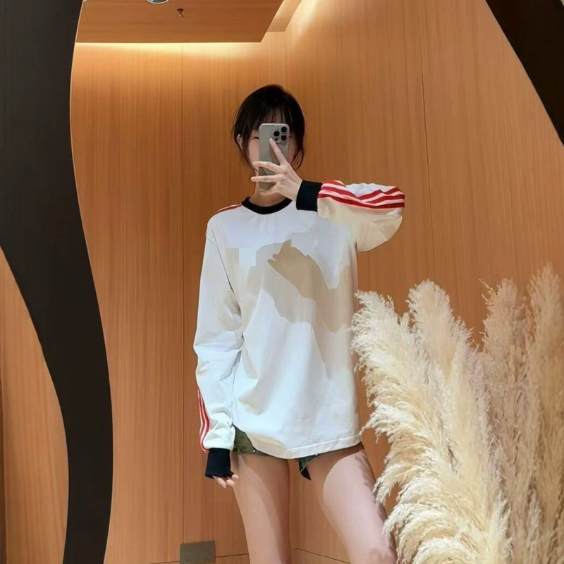 Three-page Jennie-style three-stripe unisex round-neck couple long-sleeve T-shirt, spring/autumn sweatshirt, loose fit, pure cotton