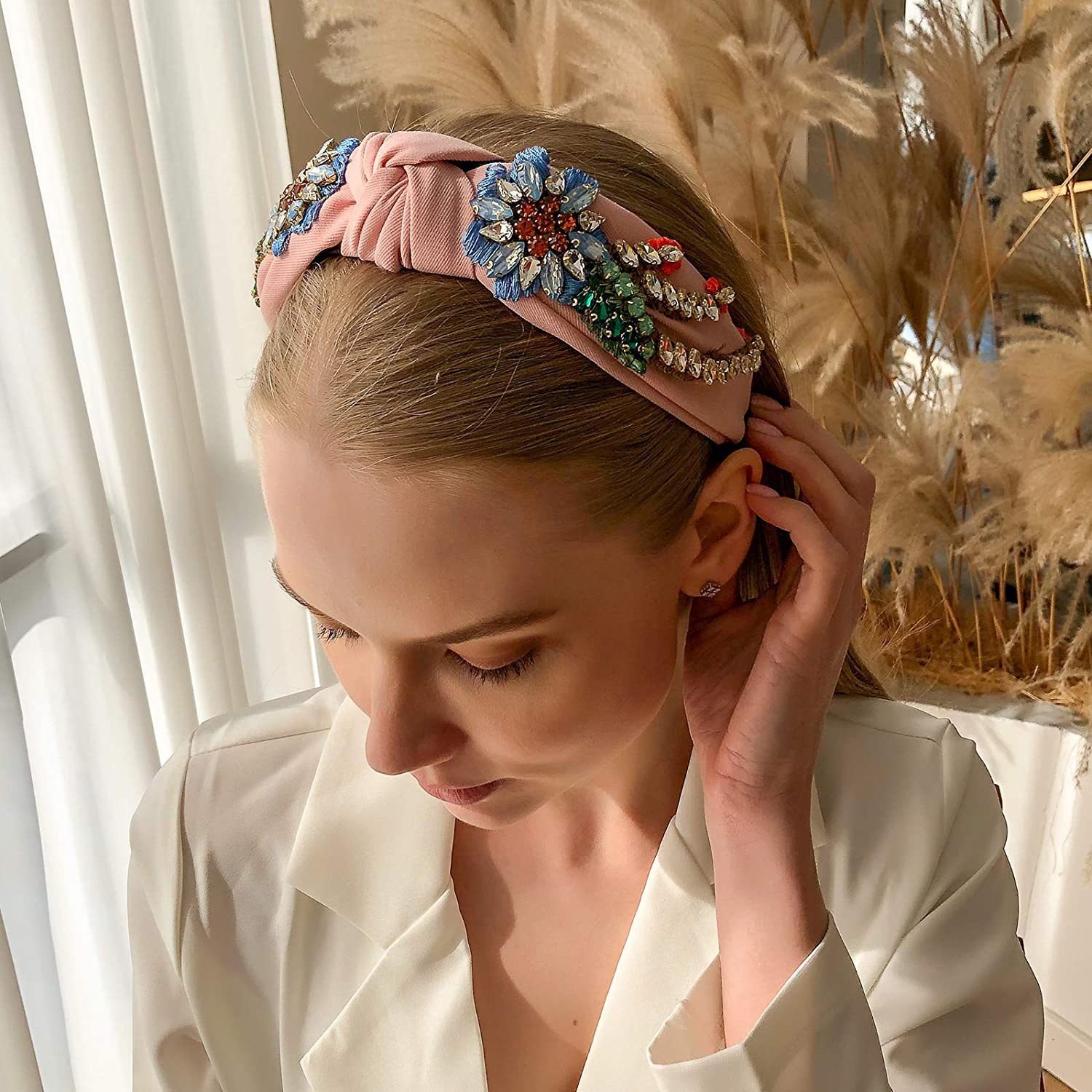 160g Weight Fashion Plaid Flower Cloth Rhinestone Hair Band 1 Piece