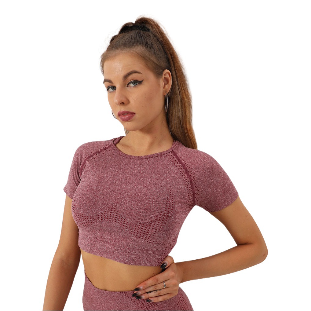 Ropa de yoga de manga corta sin costuras transfronteriza europea y americana para mujer Camisetas deportivas de fitness que absorben la humedad tops de secado rápido estilo corto