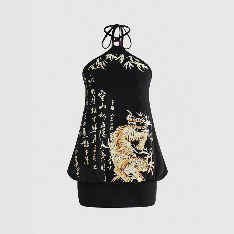 New Chinese-Style Tiger Bamboo Calligraphy Print Halter Neck Strap Dress for Women, Sexy Waist-Cinching Bodycon Retro Short Dress