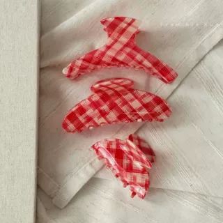 韩系复古红色格纹醋酸抓夹简约设计感盘发鲨鱼夹早秋马尾夹发饰