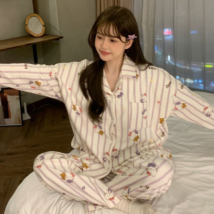 跨境批发睡衣女翻领春秋新款可爱卡通长袖长裤甜美宽松家居服套装|undefined