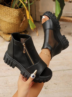 B 80677 Thick Sole Mesh Side Zipper Sandals ��׾W����Ь