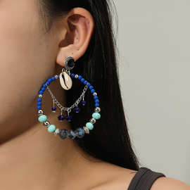 外贸跨境波西米亚风时尚元素蓝色拼接圆圈  个性潮流范耳钉耳饰