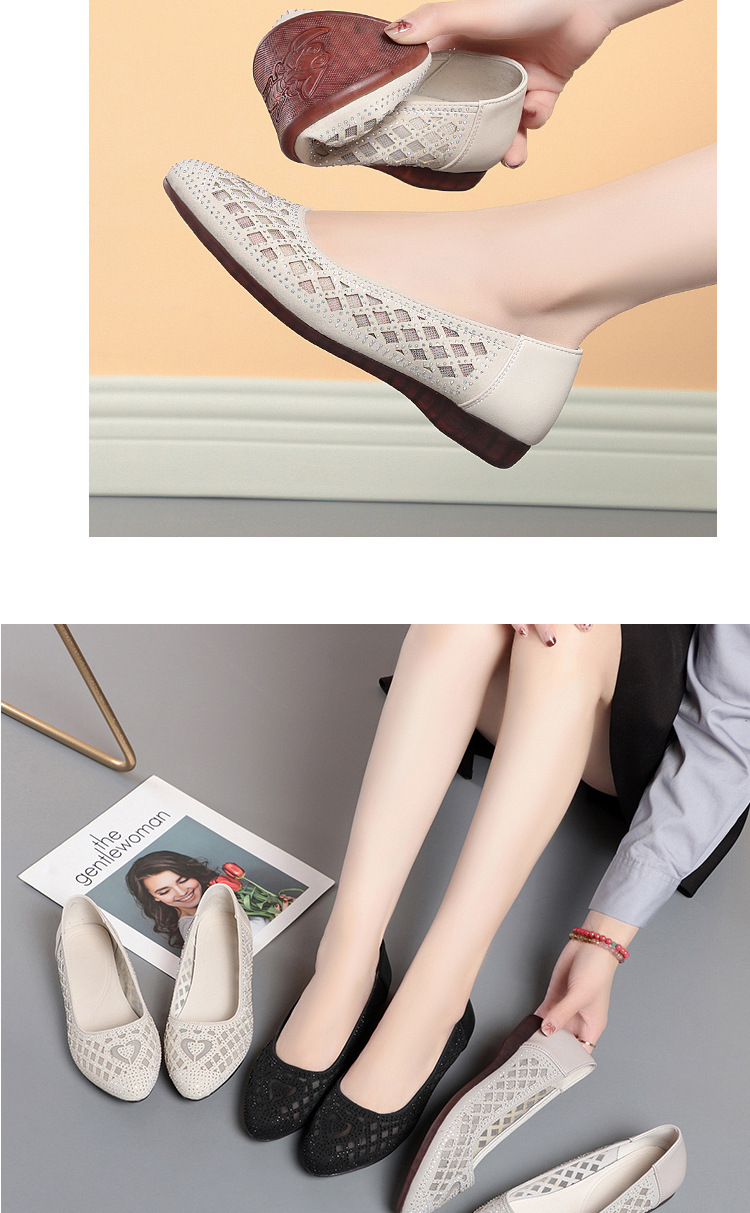 Sandal nữ da thật mũi tròn đính đá đế bệt thoáng khí — Màu be chi tiết 16