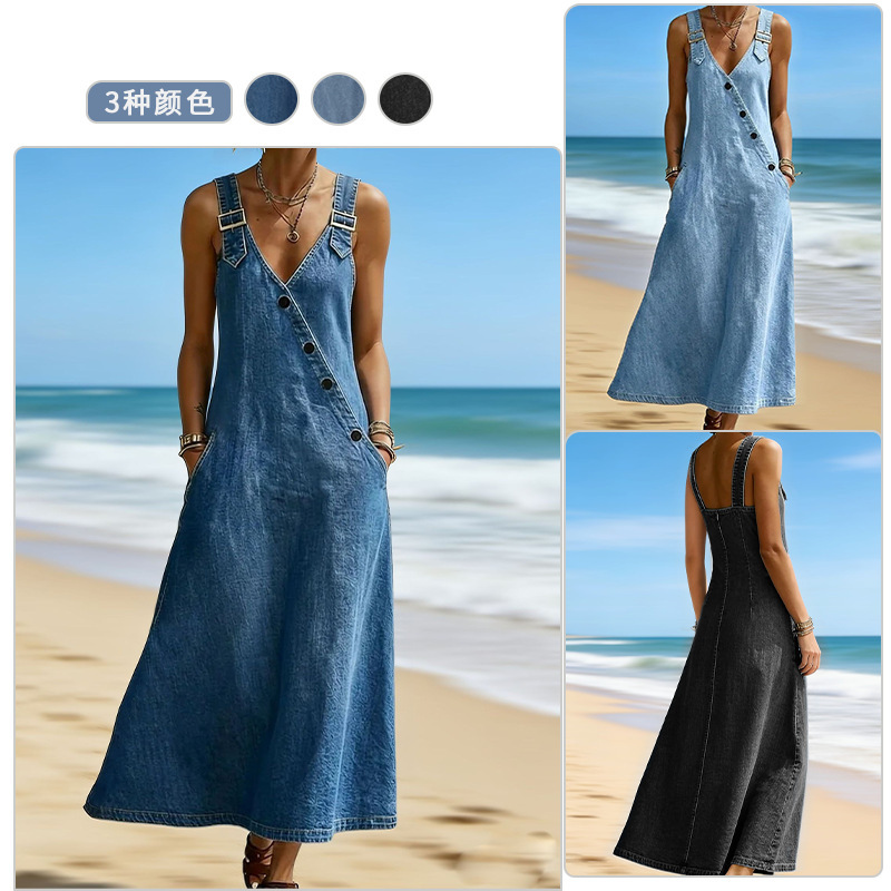 Cross-Border Denim Suspender Long Dress with Adjustable Shoulder Straps, Diagonal Buckle Design, Vintage Distressed A-Line Flared Denim Dress