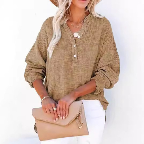 2024 Western and Eastern Fashion Spring and Autumn Crepe Button Long-Sleeve Solid Color Women's Shirt Loose Cotton Hooded Top