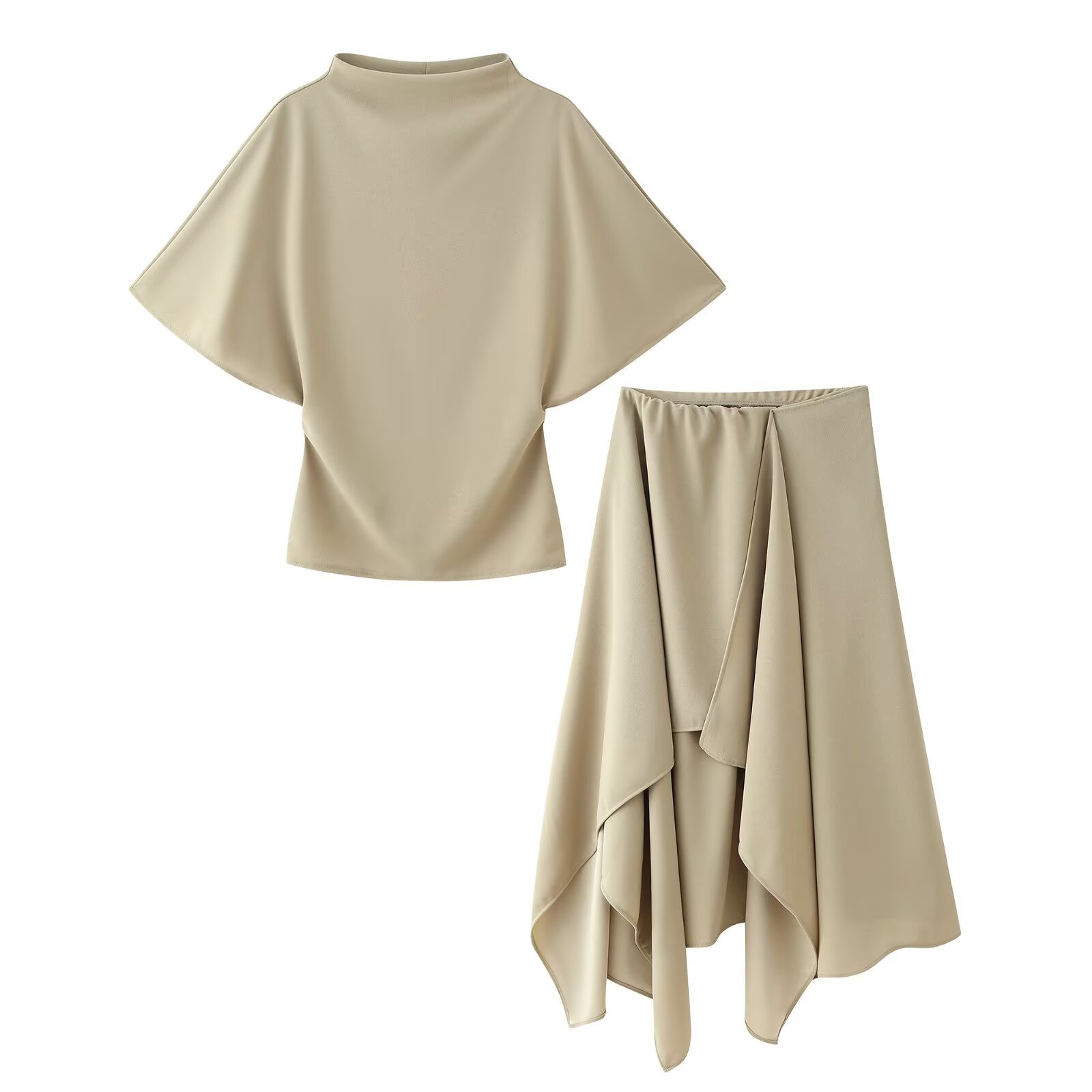 AliExpress wholesale spring new semi high neck short sleeved top, mid waist asymmetrical skirt set for women 1165020
