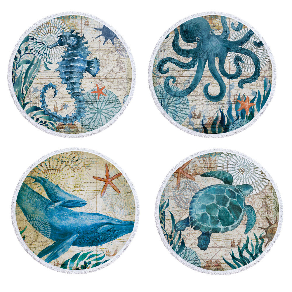 Round towel sarong 150cm - marine animal prints