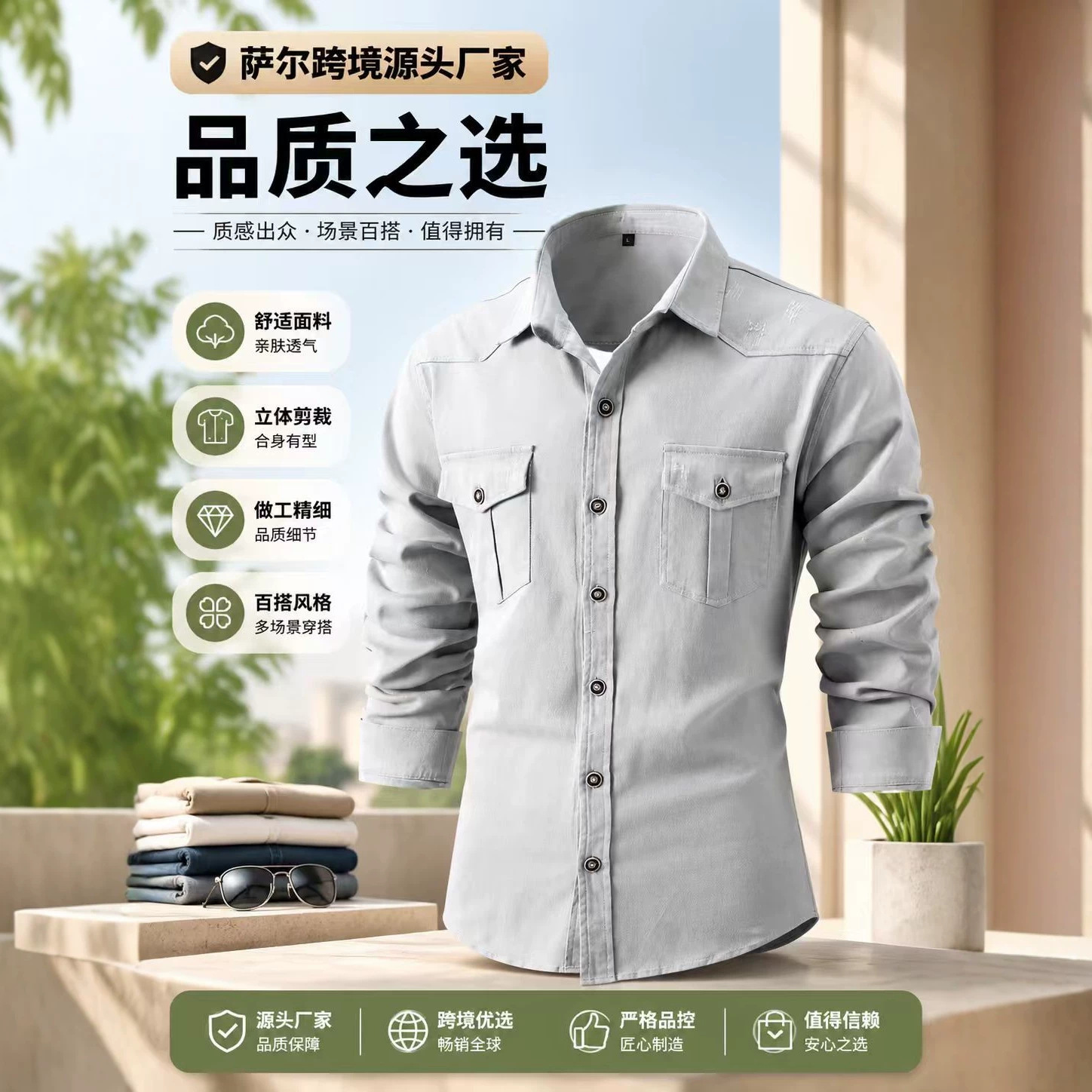 New cross-border autumn/winter European size men's shirt, washed stretch pure cotton, casual, fashionable, business men's long-sleeved shirt