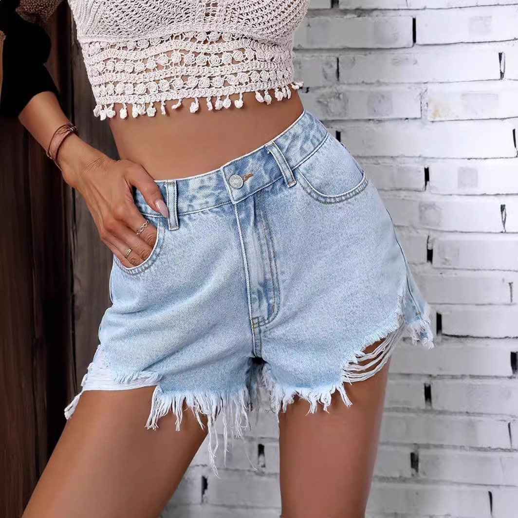 Te Tk2026 European and American Amazon Cross-Border Women's Clothing Ins New Casual High-Waisted Frayed Ripped Denim Shorts