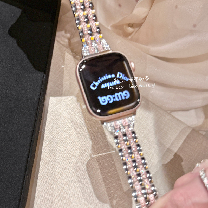 Gold-Plated Sparkling Diamond Multicolor Strap Suitable for Apple Iwatchs11/10 Slim Waist Metal Se Luxury Five-Piece Set
