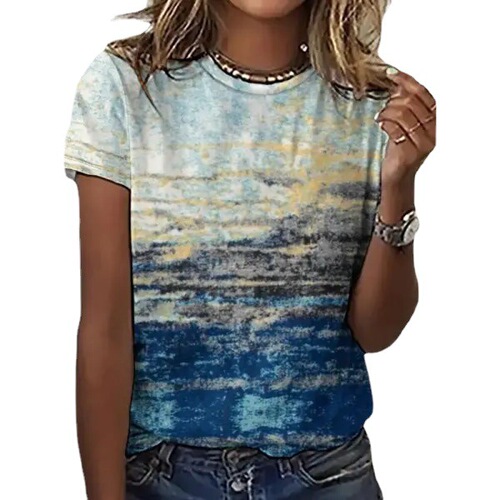 European and American Women's Summer Independent Station Ink Print Pullover Crew Neck Short Sleeve Top