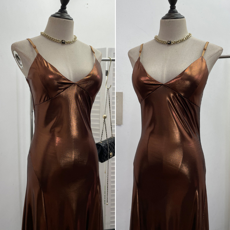 Sexy Liquid Metal Color Sling Dress with Chest Pad Dress