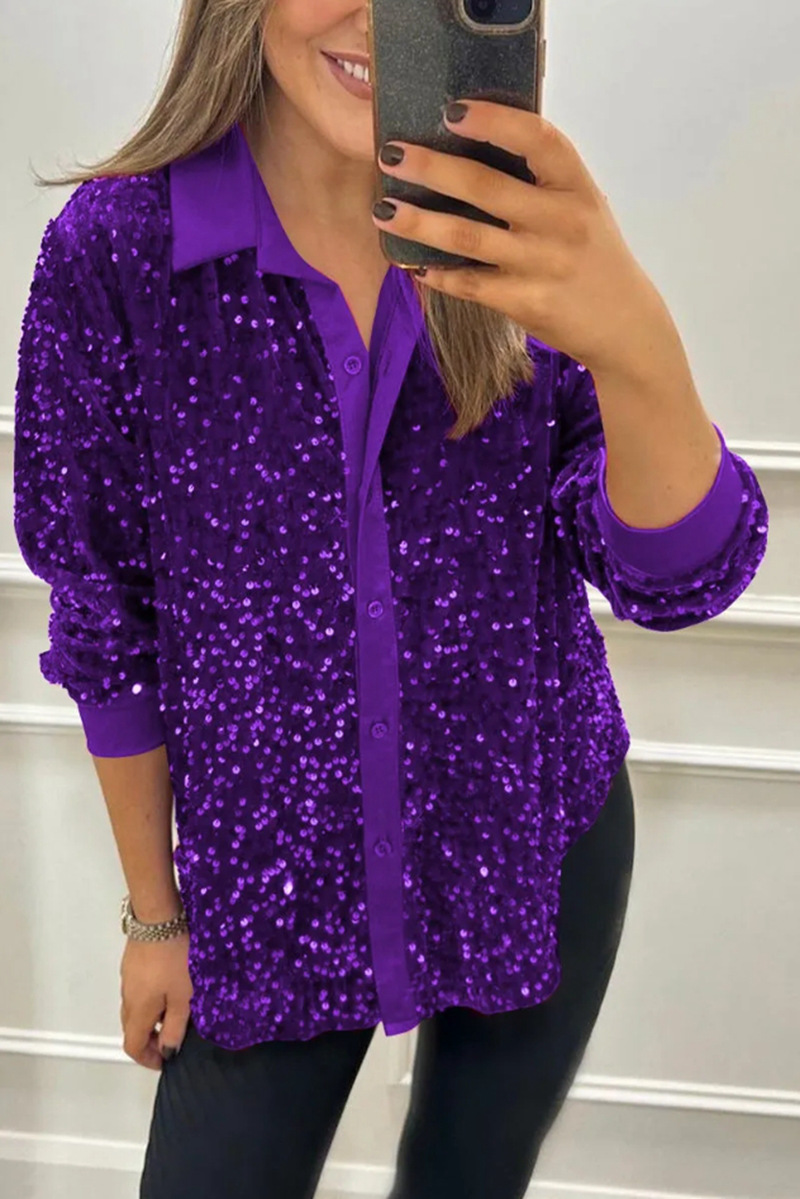 Women's Glitter Sequin Button-up Shirt Elegant Trendy Blouse_voghion.com