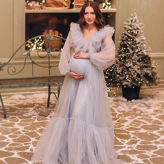 2025 Cross-Border Foreign Trade Hot-Selling Maternity Mesh Dress for Photoshoots, Deep V-Neck, See-Through, Available in Multiple Colors, Suitable for Parties, Elegant