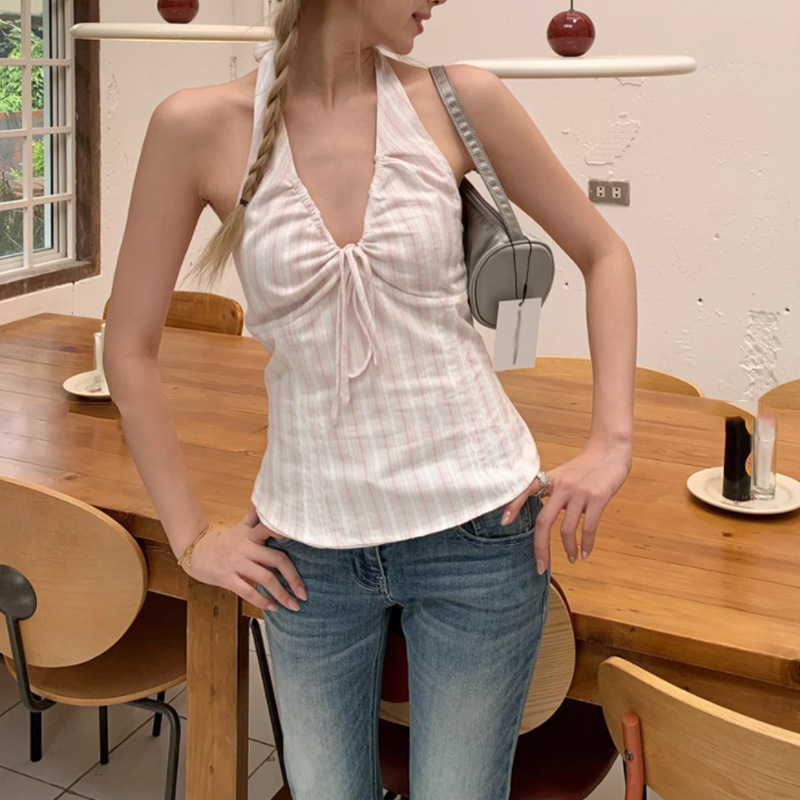 法式温柔粉雾海 粉色v领挂脖背心女夏季2025新款美背无袖吊带上衣|undefined