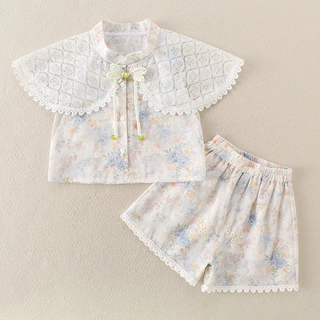 新中式女童中式斗篷汉服套装百日周岁国风礼服婴儿碎花短裤两件套