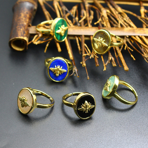 Foreign trade cross-border crystal wholesale ins style gold-plated little bee glitter stone ring live mouth ring