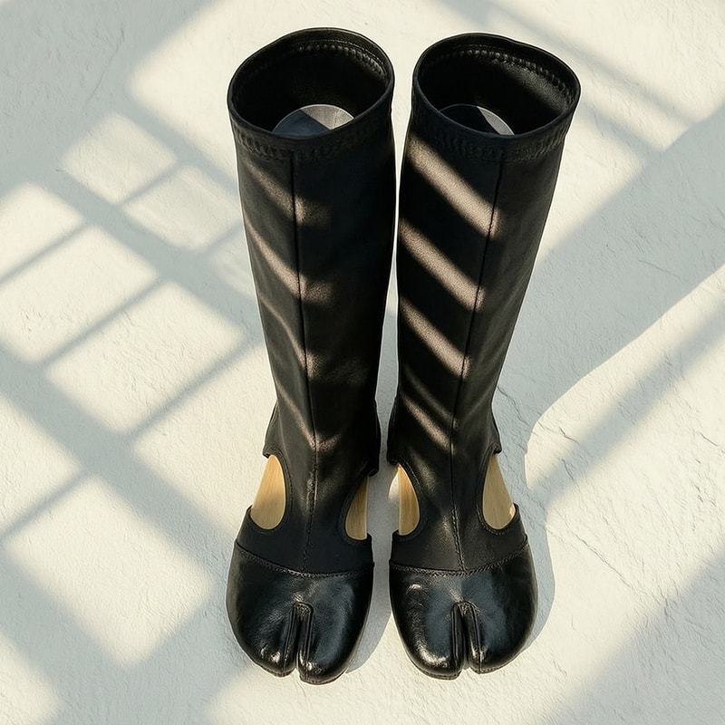 Split-Toe Elastic Boots for Women 2026 New Summer Retro Flat Pig's Hoof Long Boots Commuter Hollow-Out Women's Shoes Manufacturer Production
