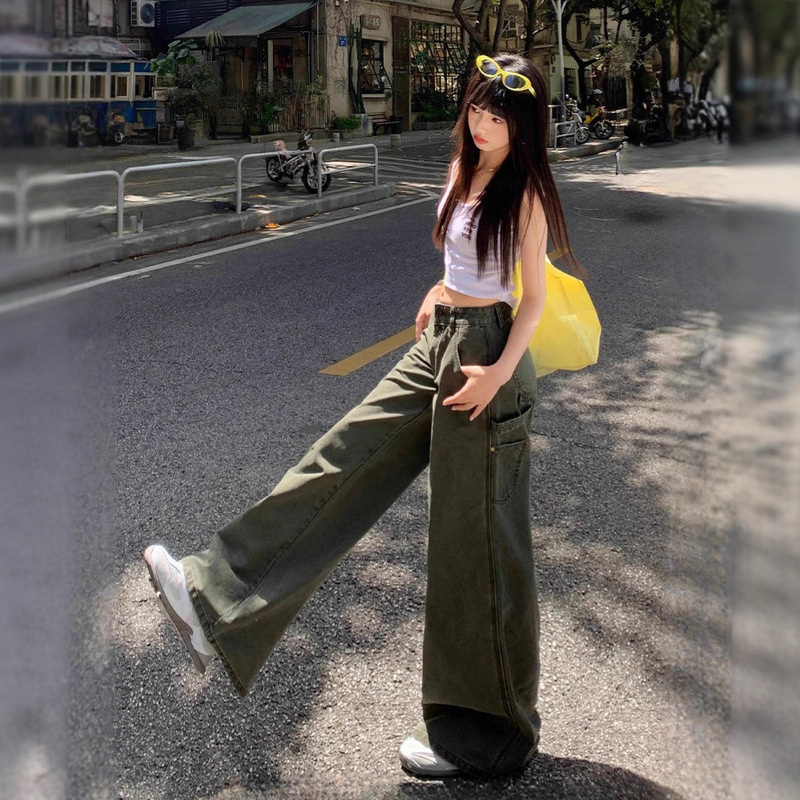 美式复古工装裤女秋季2025新款军绿色小个子休闲宽松阔腿牛仔裤潮|undefined