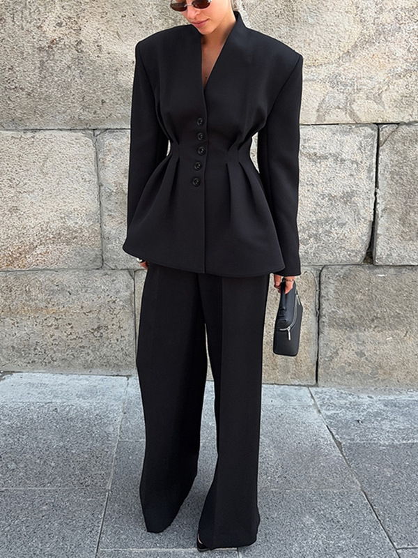 欧美跨境通勤黑色西装套装女2025秋季时尚职场收腰西服西裤两件套|undefined