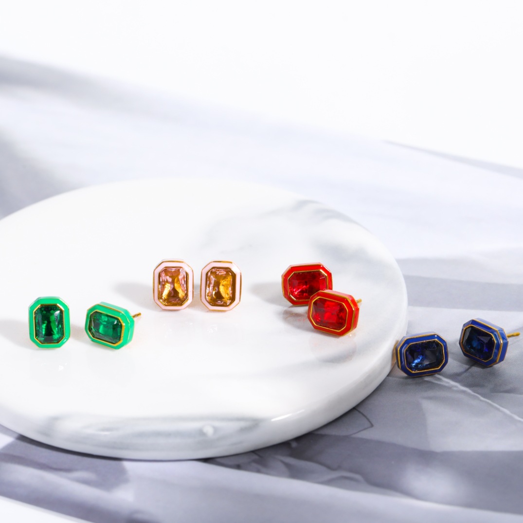 Fashion Square Stainless Steel Inlay Zircon Earrings Necklace